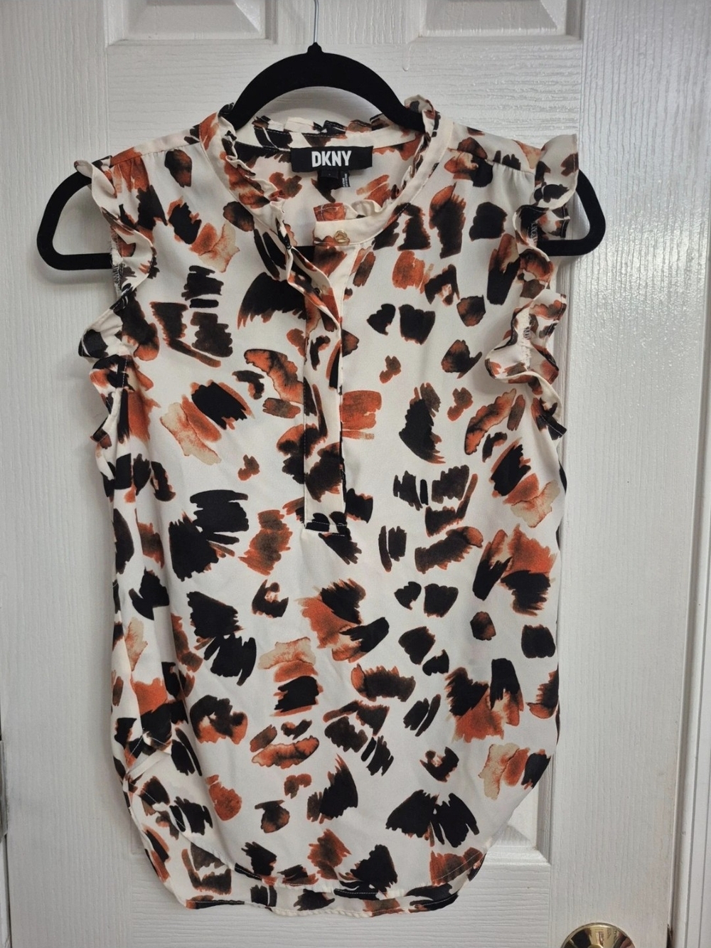 DKNY Cream Sleeveless Ruffle Camisole with Black & Orange Brushprint